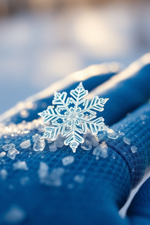 High-resolution close-up of a single snowflake resting on a cold, blue-gloved hand, soft sunlight reflecting off the ice crystals, with tiny intricate details visible in the flake's design.