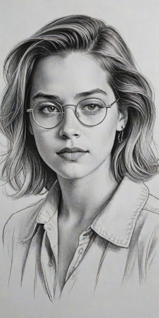Ravishing Cole Sprouse, pencil sketch, portrait of Beauteous woman 1934s in glasses, hair style beatnik, outline, clear lines, fine lines, 8k