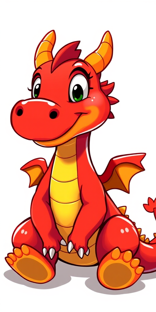 Create a vibrant digital illustration of a friendly red dragon with yellow accents, sitting happily with a playful expression, using a Canon EOS R5 camera with a 50mm lens, f/1.8 aperture, 1/200 sec shutter speed, ISO 100, capturing a close-up view with bright colors and high contrast.