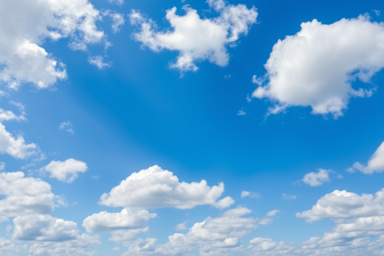 clear blue sky with white fluffy clouds scattered throughout, taken with a DSLR camera, ISO 100, aperture f/8, shutter speed 1/1000 sec, landscape view, natural lighting, high saturation for vibrant colors