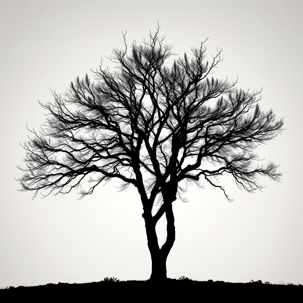 Generate an artistic black silhouette of a tree on a light background, captured with a Canon EOS 5D Mark IV, 50mm lens, aperture f/1.8, shutter speed 1/200s, ISO 100, natural lighting, with a focus on the contrast and intricate branch details.