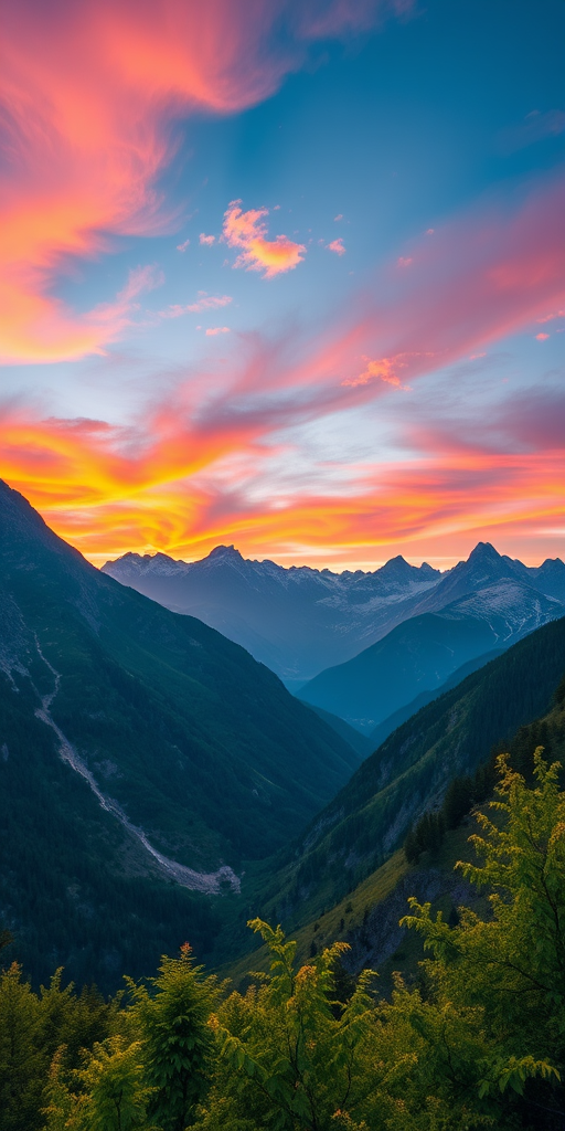 Generate a high-resolution image of a majestic mountain landscape during sunrise, with vibrant colors in the sky, foreground of lush greenery, using a DSLR camera, aperture f/8, ISO 100, shutter speed 1/250s, shot from a wide-angle view to capture the expansive scene.