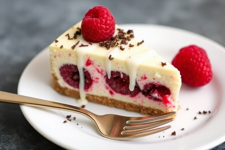 A slice of raspberry cheesecake on a white plate with a fork beside it topped with crumbled chocolate and drizzled with icing, garnished with fresh raspberries.