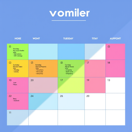 Create a vibrant monthly calendar design with a checklist for tasks, bright colors for each day, clean lines, high contrast, using a DSLR camera, f/2.8 aperture, ISO 100, 50mm lens, natural light, top-down view, and a high-resolution setting to enhance clarity and detail.