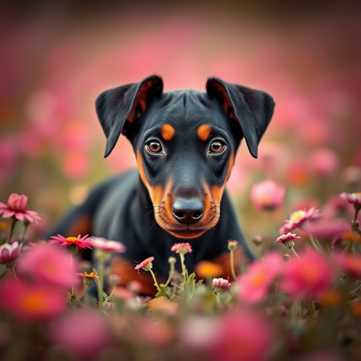 A realistic portrait of a Doberman puppy lying in a field of flowers, with soft bokeh background, captured with a Canon EOS R5, ISO 100, f/1.8, 85mm lens, natural lighting to enhance details and vibrant colors.