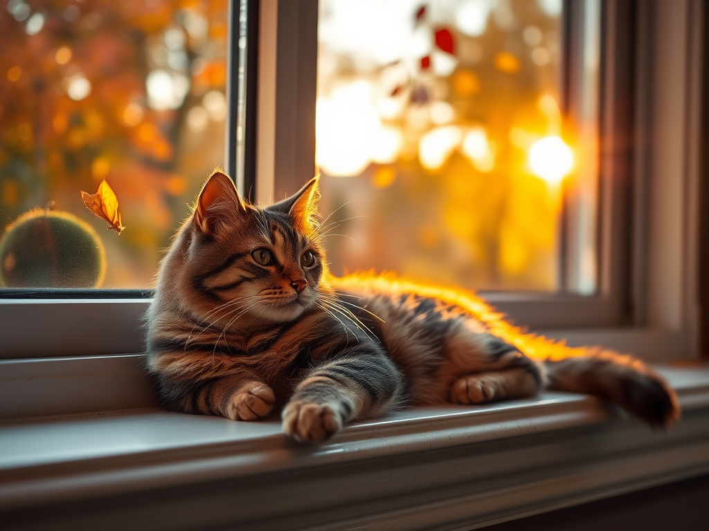Softly focused image of a cat lounging on a windowsill, soft golden light from the setting sun illuminating its fur, with a vibrant autumn landscape visible through the glass, leaves gently falling in the background.