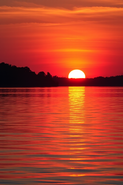 capture a vibrant sunset over a calm lake with reflections on the water, focal length 35mm, aperture f/8, ISO 100, shot from a low angle with a wide-angle lens using a DSLR camera