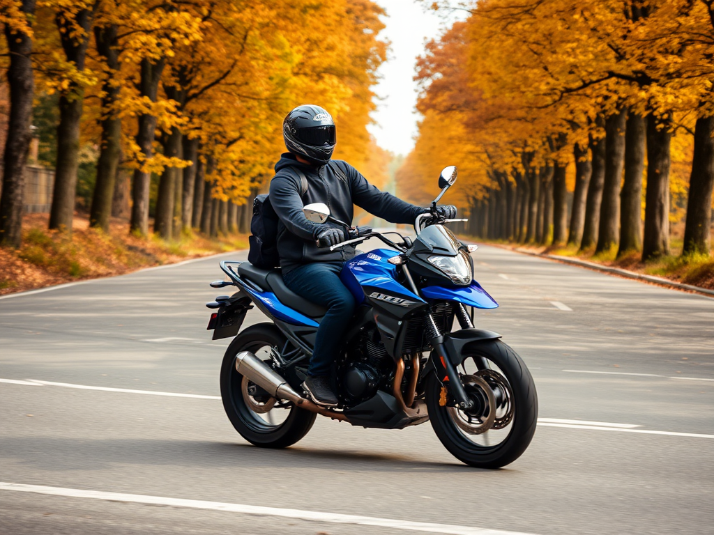 A rider on a blue motorcycle wearing a helmet, turning to look back while riding on a tree-lined road with autumn-colored foliage, captured with a DSLR camera, 50mm lens, aperture f/1.8, ISO 200, shutter speed 1/500s, natural light for enhanced clarity and color contrast.