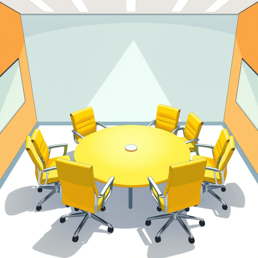 create a vibrant illustration of a meeting room with a yellow table in the center and chairs around it, using a high-resolution camera, 50mm lens, f/2.8 aperture, soft lighting, top-down view, digital art style, emphasize clarity and color contrast