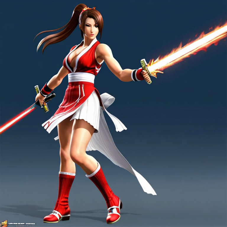 Mai Shiranui, The King of Fighters XIII Character, human features, double slit costume outfit full body view, full body visible, capture a candid moment, hyper-realistic, super detailed, natural light, sharp, detailed face, highly detailed,