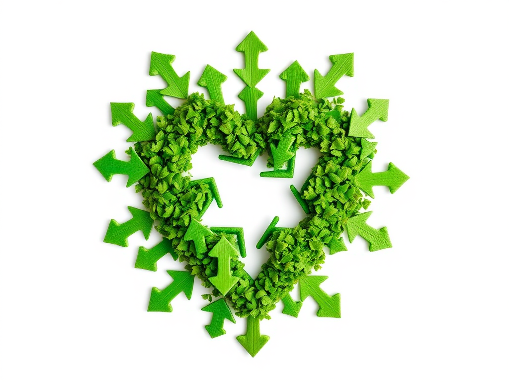 Create an image of a green heart made of arrows forming a recycling symbol, 50mm lens, f/2.8 aperture, ISO 100, 1/200 sec exposure, top-down view, digital camera, high contrast, vibrant colors.
