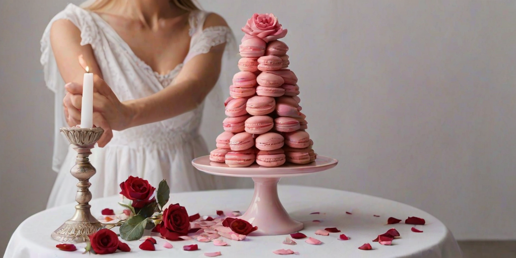 Create an image of a pink macaron tower decorated with roses and petals. A hand is lighting a candle on top of the tower, and the setting is elegant with a white tablecloth. The overall mood should be festive and romantic.