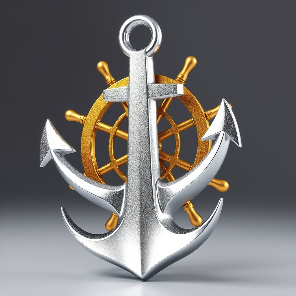 Create a high-resolution 3D render of a shiny silver anchor combined with a golden ship's wheel, using a 50mm lens at f/8, ISO 100, and a three-point lighting setup for enhanced depth and detail, viewed from a slightly elevated angle to emphasize the design and textures.