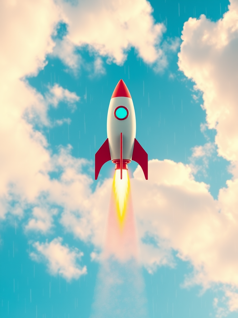 generate an image of a colorful rocket ascending into a bright blue sky with light clouds and subtle rain effects