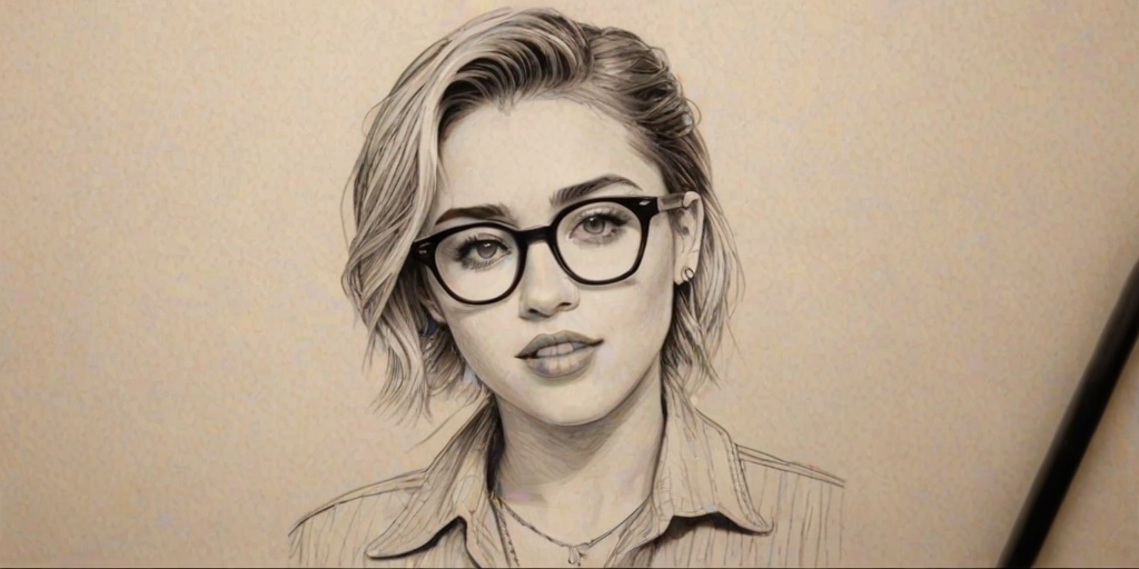 Comely Miley Cyrus, pencil sketch, portrait of Lovely woman 1927s in glasses, hair style beatnik, outline, clear lines, fine lines, 8k