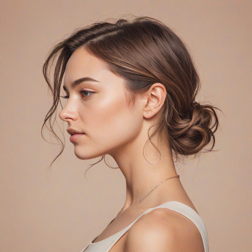 Create a minimalist line art illustration of a woman in profile against a solid pastel background, using a Canon EOS R5 with a 50mm f/1.2 lens, aperture set to f/2.8, ISO 100, and a soft focus effect for smooth skin tones and gentle color gradients.