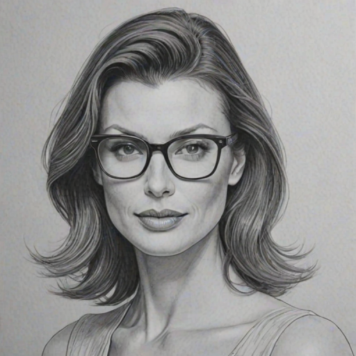 Magnificent Bridget Moynahan, pencil sketch, portrait of Dazzling woman 1969s in glasses, hair style beatnik, outline, clear lines, fine lines, 8k