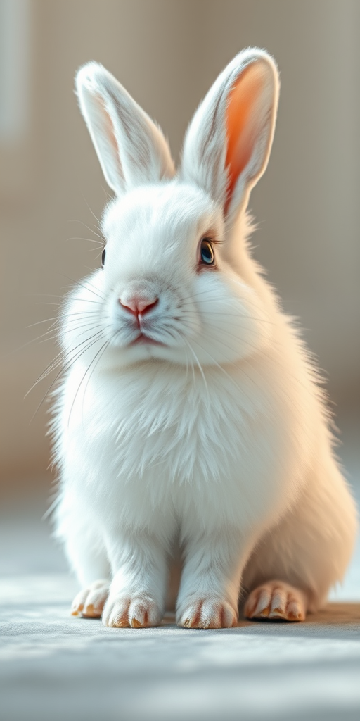 Create a detailed illustration of a fluffy white rabbit sitting with a relaxed expression, using a Canon EOS R5 with a 50mm f/1.2 lens, aperture set to f/2.8, ISO 100, natural lighting, capturing a close-up view to emphasize texture and expression.