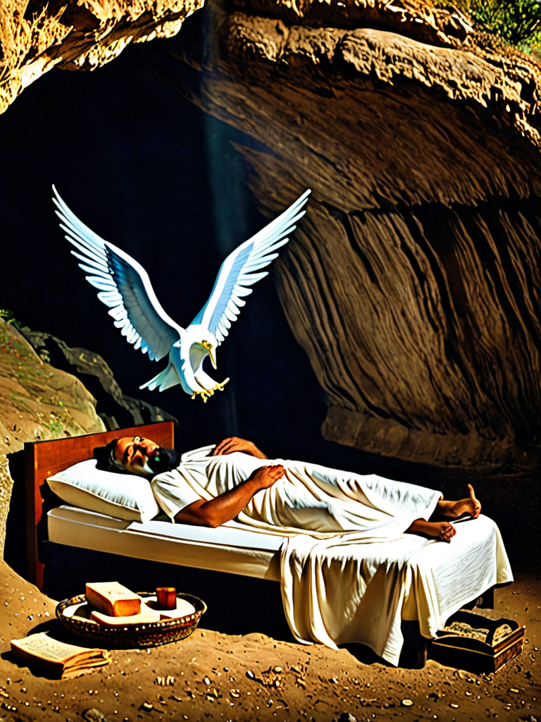 prophet Elijah sleeping in a cave being watched by an angel