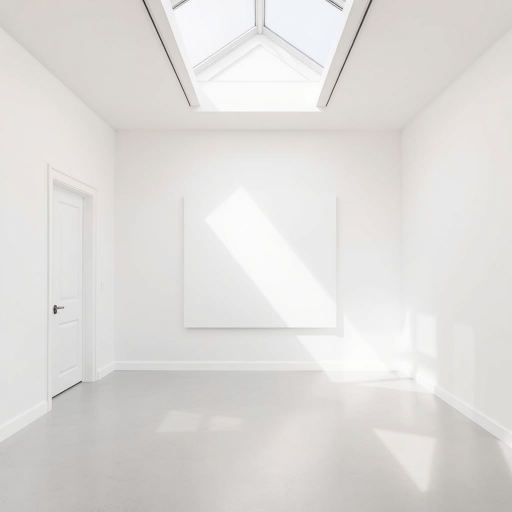 Create a minimalist art gallery interior with white walls, a large blank canvas on the wall, soft natural lighting from a skylight, a door on the left, wide angle lens, f/8 aperture, 1/60 sec shutter speed, ISO 200, digital camera style.