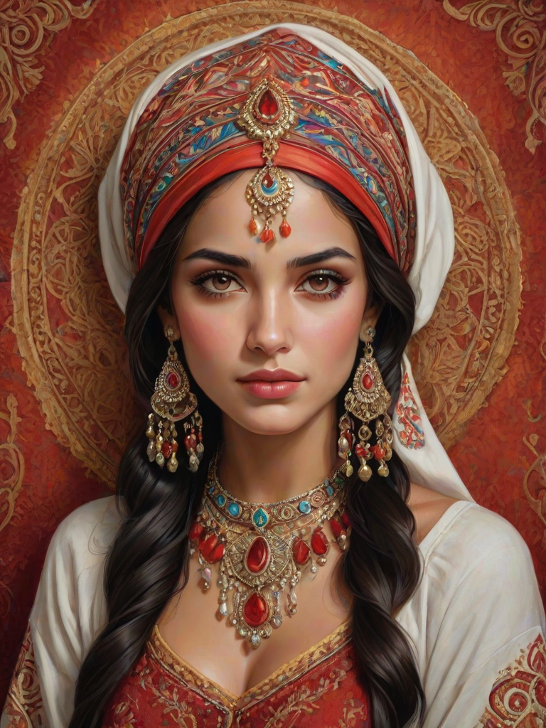 Create a portrait of a beautiful Latino woman with striking red eyes and a gentle expression. She is adorned in traditional attire with intricate patterns, including a richly embroidered headscarf and matching garments. Her jewelry includes a delicate headpiece, dangling earrings, and ornate bracelets, all featuring vibrant gemstones and detailed metalwork. The background is soft and warm, enhancing the rich colors of her outfit and jewelry.