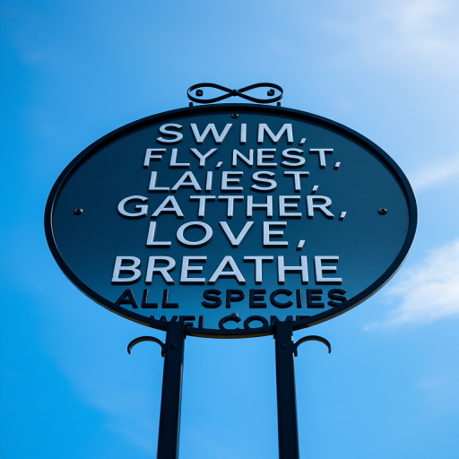 Create a high-resolution image of a black metal sign displaying the phrases "SWIM, FLY, NEST, GATHER, LOVE, BREATHE, ALL SPECIES WELCOME" against a clear blue sky, shot with a Canon EOS R5, 24mm lens, aperture f/8, ISO 100, at eye level with a wide-angle perspective.
