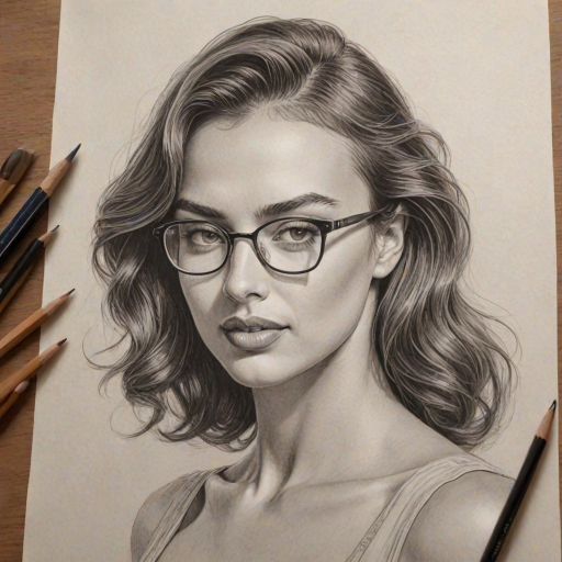 Stunning Irina Shayk, pencil sketch, portrait of Fetching woman 1938s in glasses, hair style beatnik, outline, clear lines, fine lines, 8k