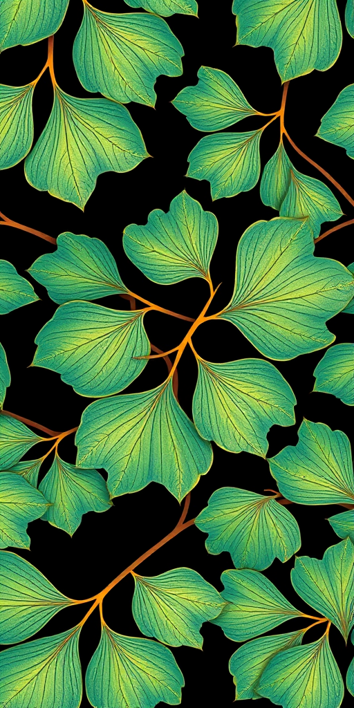 high-resolution botanical illustration of ginkgo leaves in a seamless pattern, vibrant teal leaves with gold outlines on a deep black background, shot with a Canon EOS R5 at f/8, ISO 100, 50mm lens, using high dynamic range imaging for enhanced detail and color depth