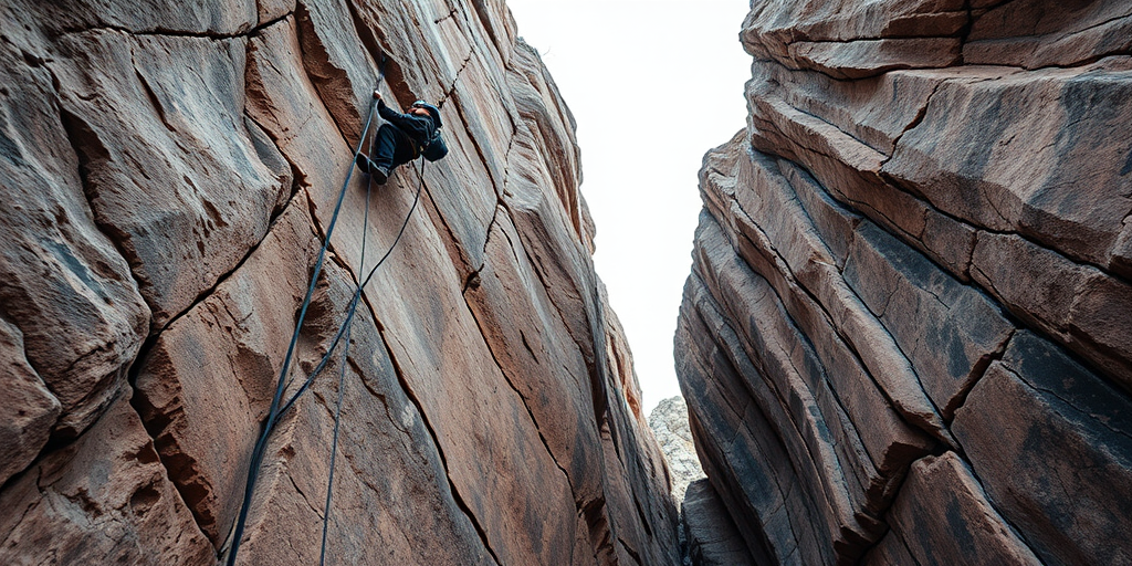 a climber scaling a steep, textured rock wall with deep cracks, captured with a Canon EOS R5, 24mm lens, f/8 aperture, ISO 100, and a bird's eye view to emphasize the height and texture of the rock formations