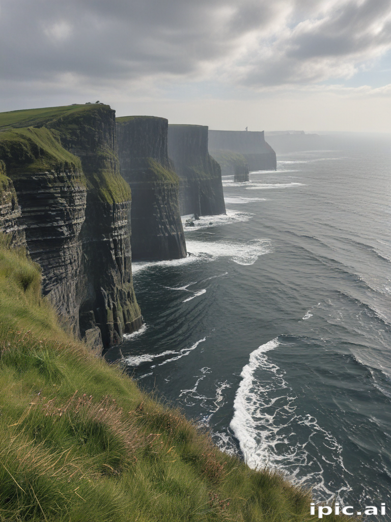 Majestic Cliffs Overlooking the Turbulent Ocean Waves on a Cloudy Day