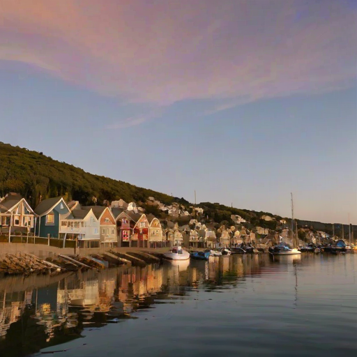 Softly lit, wide-angle shot of a coastal village at sunset, soft golden light reflecting off the water, with small fishing boats gently bobbing in the harbor and colorful homes lining the shore.