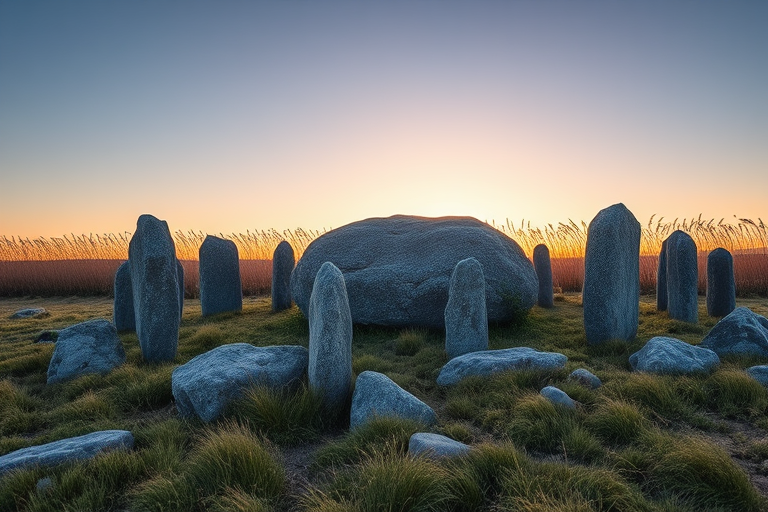 Capture a landscape of standing stones surrounding a large boulder, with tall grass in the background, using a Nikon D850 with a 50mm lens, aperture at f/8, ISO 100, at golden hour for soft lighting, with a shallow depth of field to enhance details in the foreground.