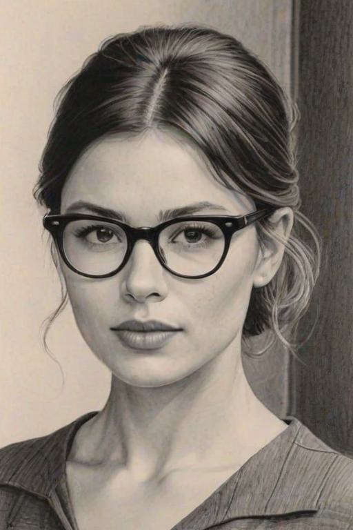 Enchanting Amelia Warner, pencil sketch, portrait of Exquisite woman 1956s in glasses, hair style beatnik, outline, clear lines, fine lines, 8k