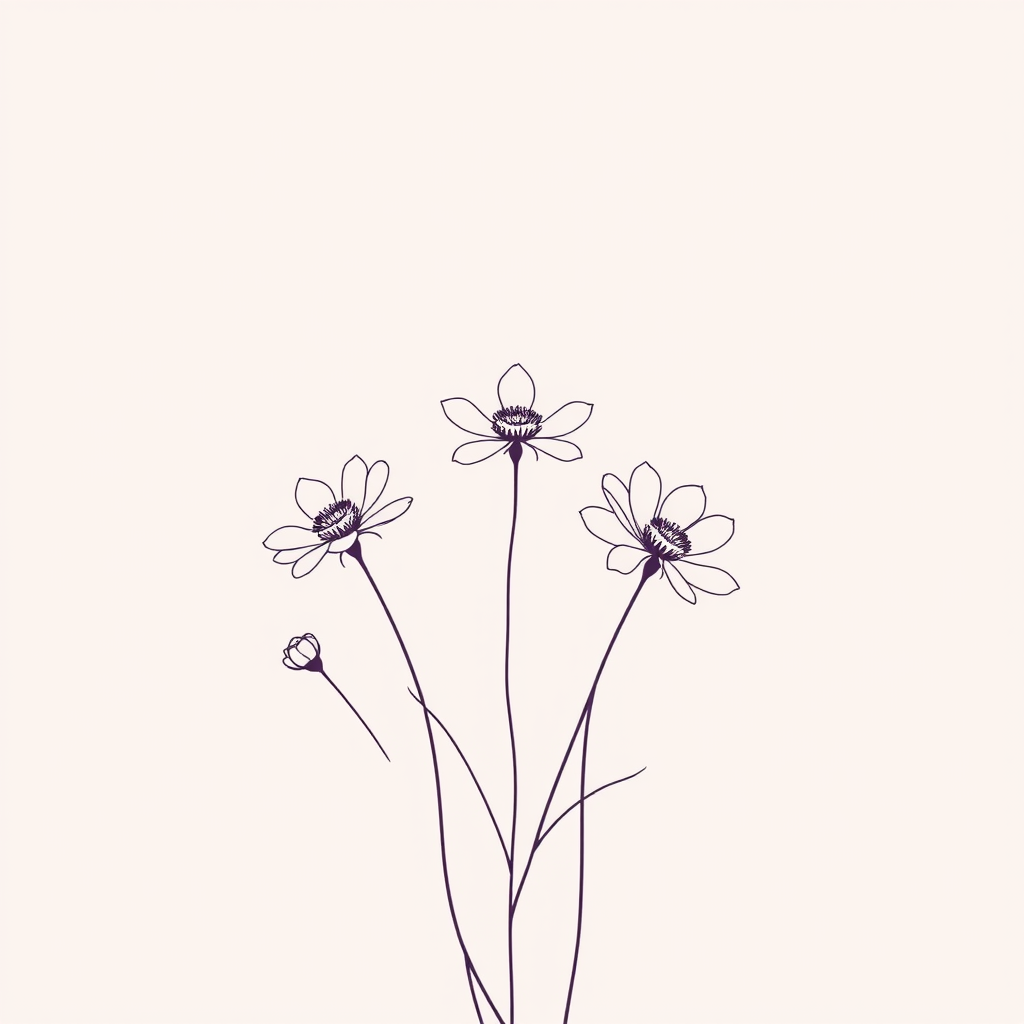 Create a minimalist floral illustration with soft pastel colors, featuring delicate line art of flowers centered on a light pink background, using a Canon EOS R5 camera with a 50mm f/1.2 lens at aperture f/2.8, focusing on fine details and a shallow depth of field for a smooth, blurred background effect.
