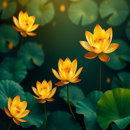 create a stunning illustration of golden lotus flowers and green lily pads on a dark teal background, shot with a DSLR camera at f/2.8, 50mm lens, shallow depth of field, vibrant colors, high contrast, soft lighting for added depth