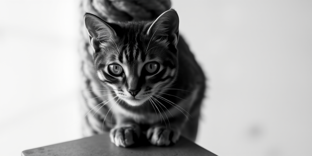 A close-up shot of a tabby cat perched atop a wooden surface, with a textured rope post in the background, in high contrast black and white, captured with a DSLR camera at f/2.8 aperture, 50mm lens, ISO 200, with a shallow depth of field and natural light.