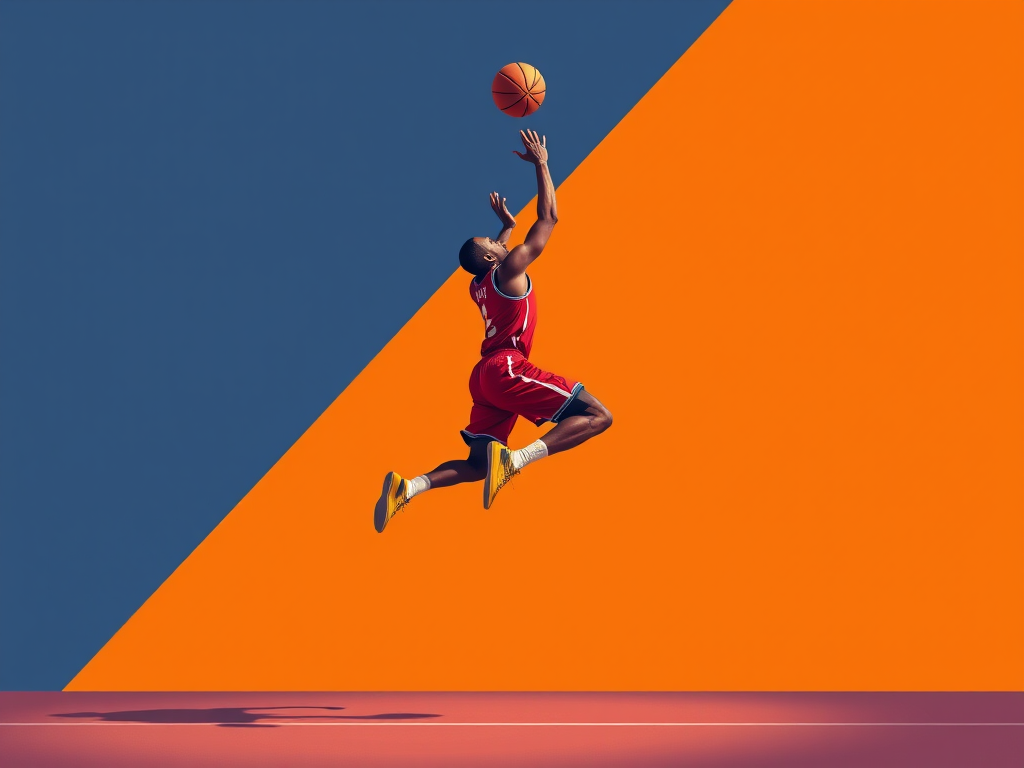 Create a digital illustration of a basketball player in mid-jump shooting a basketball with a minimalistic background featuring contrasting colors, using a Canon EOS R5, 35mm f/1.4 lens, ISO 100, aperture f/5.6, and a high-resolution setting for vibrant colors and sharp details.