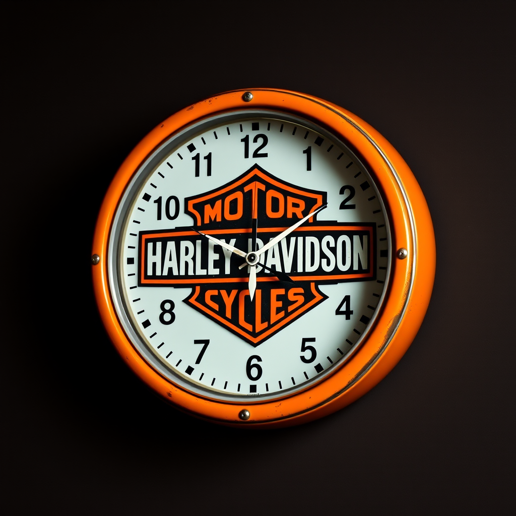 Create an image of a vintage Harley Davidson wall clock with an orange frame, against a dark background, shot with a DSLR camera at f/2.8 aperture, 50mm lens, ISO 100, natural lighting, and a slightly elevated angle for depth.