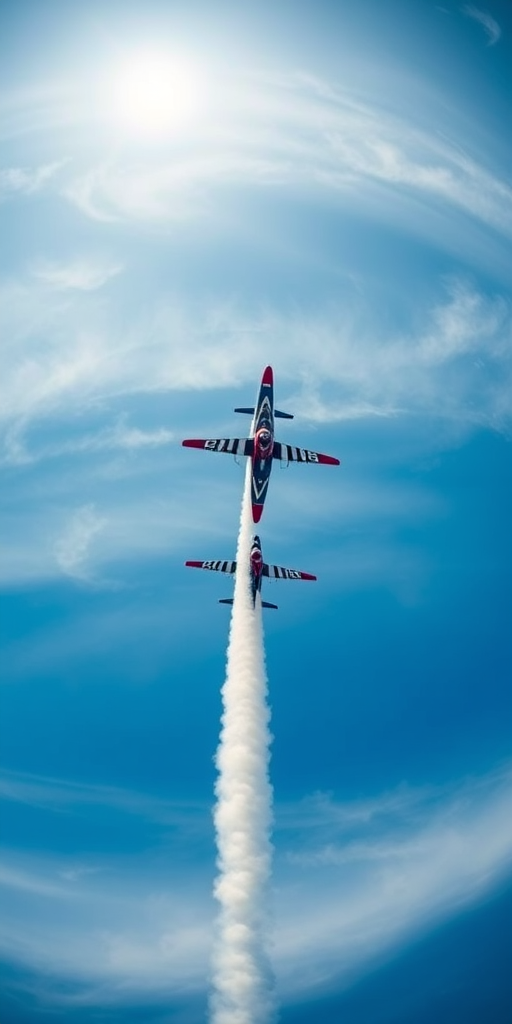 Regenerate an image of three aircraft performing aerial acrobatics, captured with a DSLR camera at 1/1000 sec shutter speed, f/8 aperture, ISO 200, in a panoramic view with a vivid blue sky background and smoke trails.