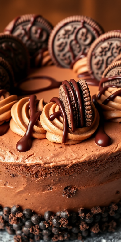 A delicious chocolate cake decorated with Oreo cookies and chocolate ganache drizzles on top, featuring swirls of chocolate frosting and a crumbly cookie crust around the base.