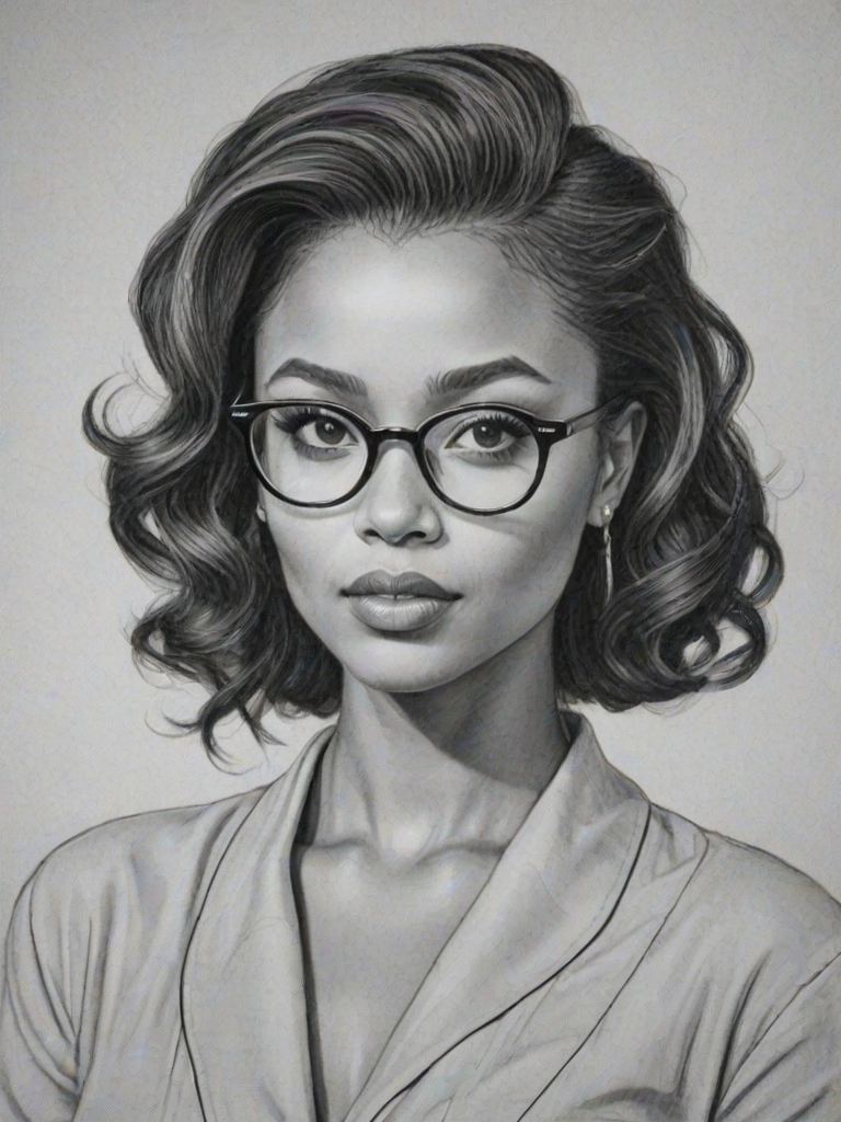 Stunning Katerina Graham, pencil sketch, portrait of Elegant woman 1953s in glasses, hair style beatnik, outline, clear lines, fine lines, 8k
