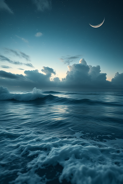 a celestial scene depicting waves and clouds with a crescent moon and several planets in the night sky, captured using a DSLR camera at ISO 100, f/8 aperture, 30 seconds exposure, wide-angle lens at 24mm, and in a soft, surreal style