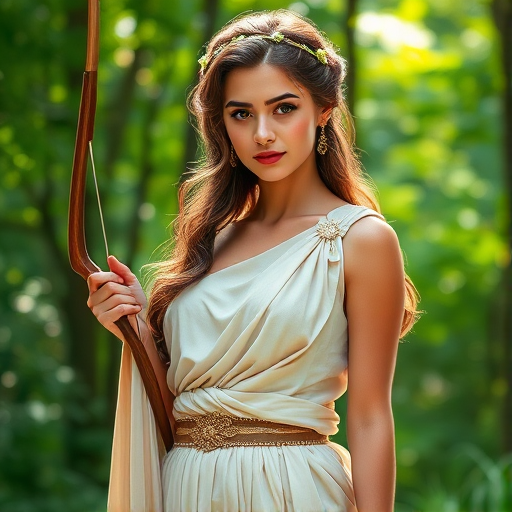 Create a portrait of a goddess-like Persian girl figure in a tranquil, forested environment. She has an elegant appearance with long, wavy hair styled in an updo and adorned with a delicate, floral headband. She wears a flowing, ancient Greek-inspired gown in a soft, pale color, featuring a one-shoulder design and draped fabric that accentuates her graceful form. The outfit includes a decorative belt with ornate gold detailing, and she holds a bow in her hand, with a quiver of arrows slung over her shoulder. The background depicts lush greenery, with sunlight filtering through the trees, casting a gentle, ethereal light on the scene. Her expression is calm and contemplative, embodying a sense of wisdom and serenity.