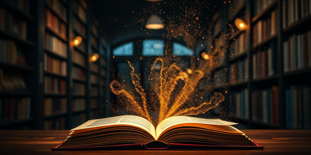 A magical open book emitting swirling golden dust and sparks in a dimly lit library filled with bookshelves in the background, shot with a Canon EOS R5 at f/1.8, ISO 200, 1/100 sec, with a wide-angle lens for depth and bokeh effect.