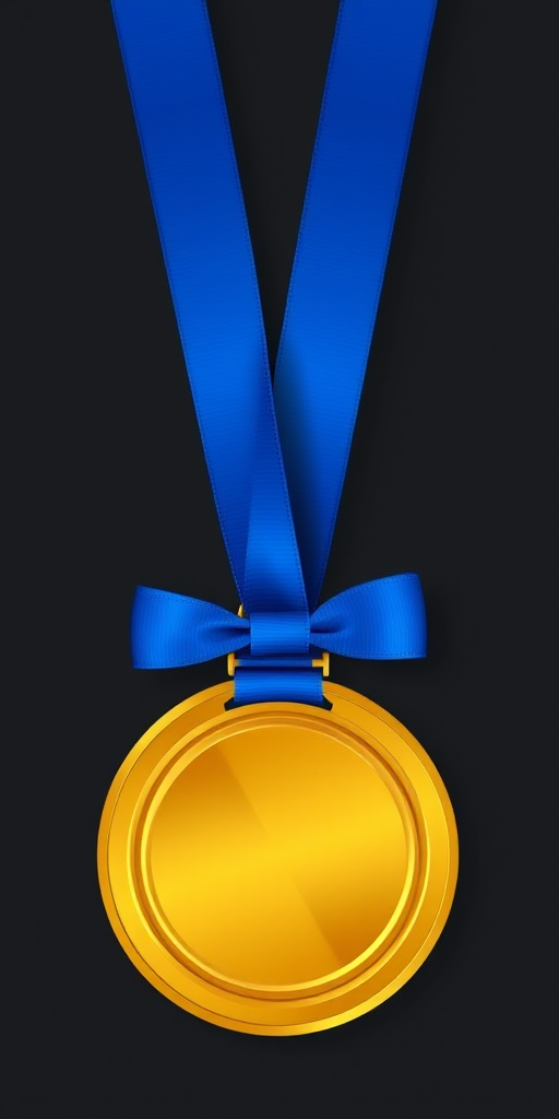 Create an image of a gold medal with a blue ribbon, flat design style, high resolution, 50mm lens, f/4 aperture, natural lighting, top-down view, digital illustration.