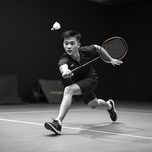 Capture an action shot of a young male badminton player lunging to hit a shuttlecock, using a Canon EOS R5 with a 50mm f/1.2 lens, ISO 200, shutter speed 1/1000s, aperture f/2.8, in a studio setting with soft lighting to enhance contrast in black and white.