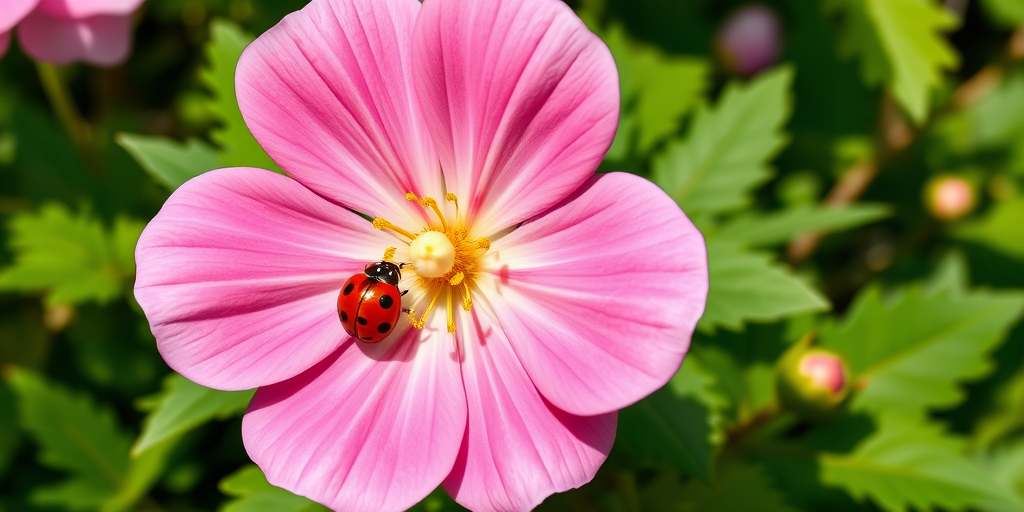 Create a colorful illustration of a large pink flower with a white center and yellow stamen, featuring a cartoonish red ladybug with black spots perched on one petal, surrounded by green leaves, shoot with a Canon EOS R5, 50mm lens, f/2.8 aperture, ISO 100, in bright daylight.