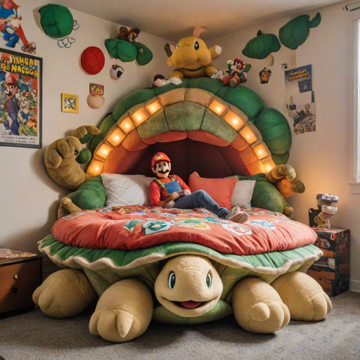This is a photograph of a Super Mario themed bedroom with a unique, Bowser-shaped bed as the central focus, where his feet are at the foot of the bed and his body makes up the bed frame. The bed features turtle shell pillows, along with a stuffed toy of Princess Peach. The wall is full of posters of Bowser.