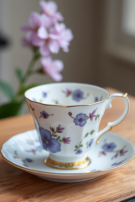 Create a high-resolution image of an elegant porcelain teacup and saucer featuring delicate purple floral patterns, captured with a DSLR camera at f/2.8 aperture, ISO 100, 50mm lens, natural light, and a shallow depth of field for a soft background.
