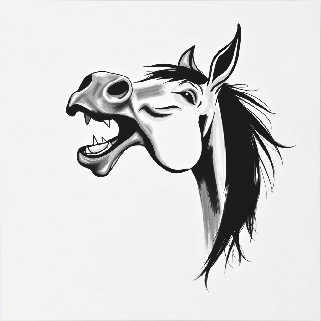 Abstract black and white acrylic portrait of an over exaggerated laughing (horse). Minimalism style. White background.